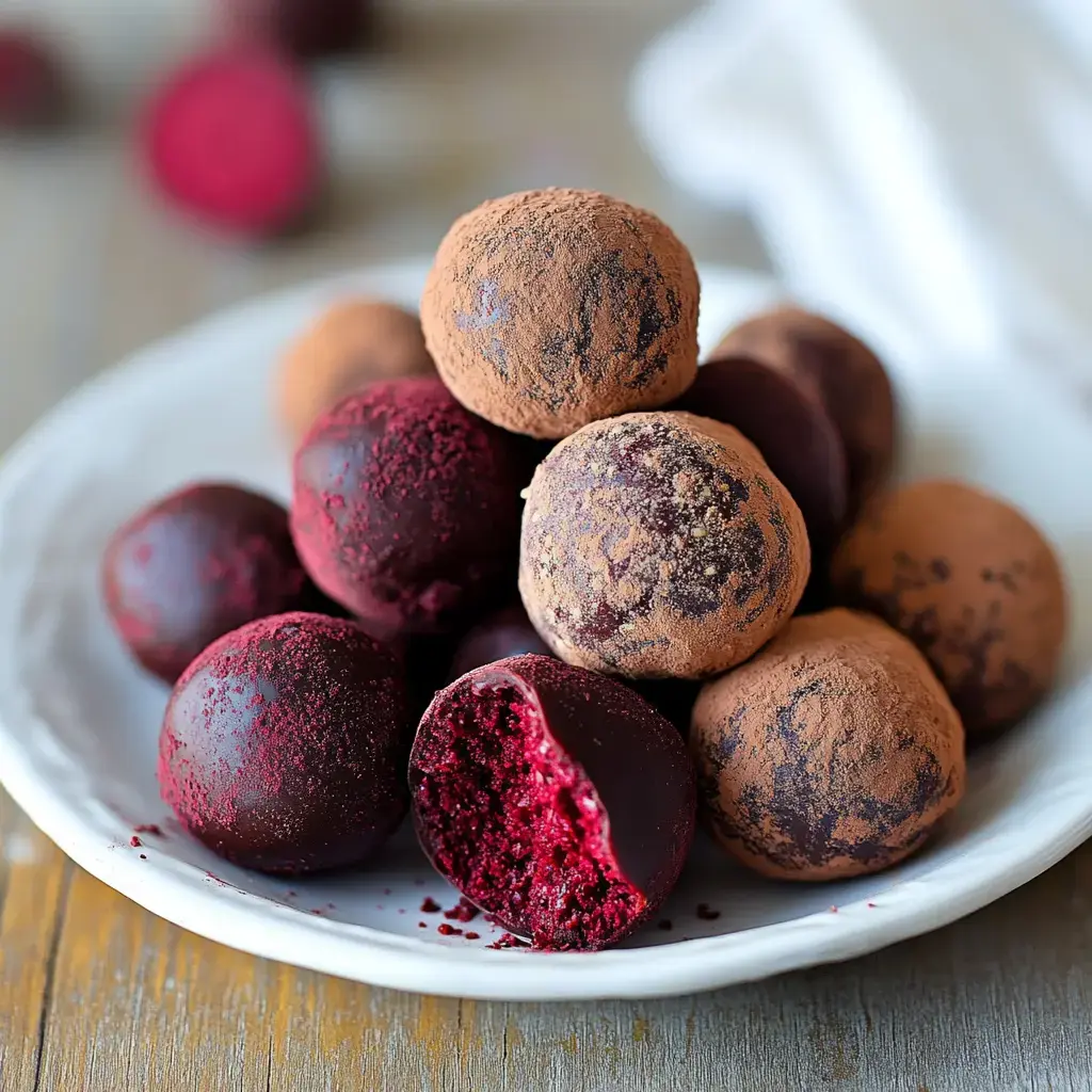 A plate of chocolate truffles, some coated in cocoa powder and others dusted with beet powder, with one truffle showing a bite taken out of it.