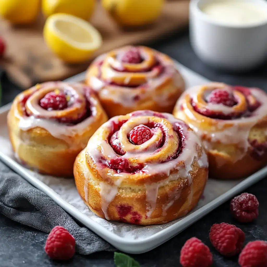 A plate of raspberry swirl cinnamon rolls drizzled with icing, surrounded by fresh raspberries and lemons in the background.