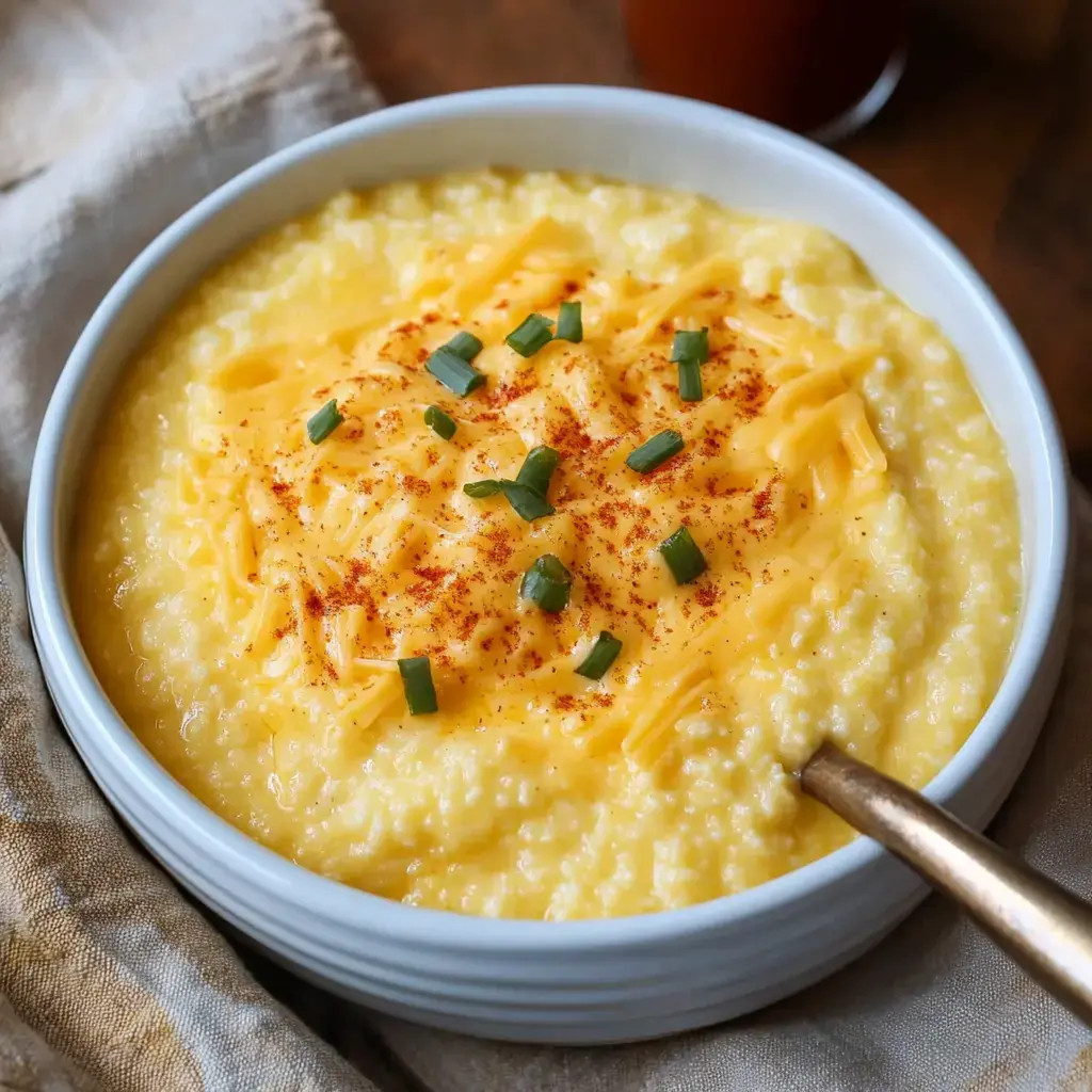 A bowl of creamy yellow grits topped with shredded cheese, green onions, and a sprinkle of paprika.