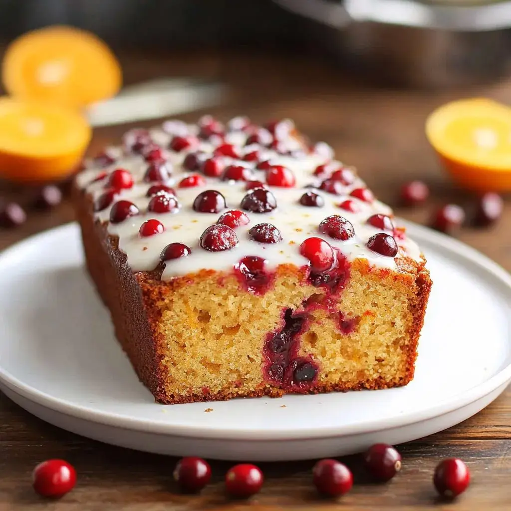 A sliced loaf cake topped with white icing and fresh cranberries, displayed on a white plate with halved oranges in the background.