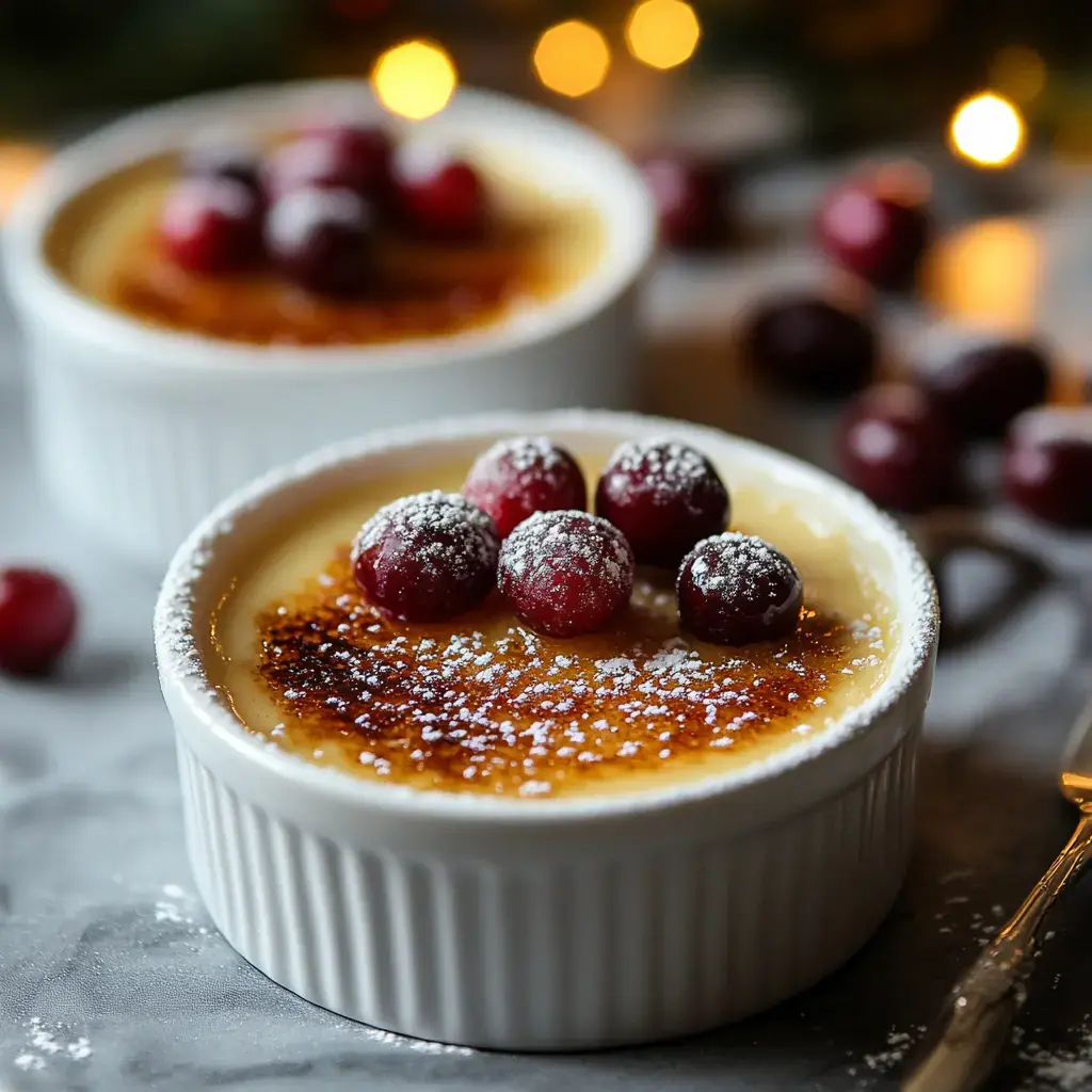 Two ramekins of crème brûlée are topped with powdered sugar and fresh cranberries, set against a blurred background with soft lighting.