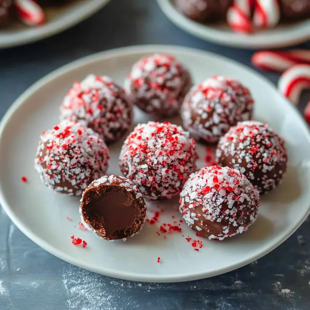 A plate of chocolate truffles coated with red and white peppermint sprinkles, with one truffle cut in half to reveal a creamy center.