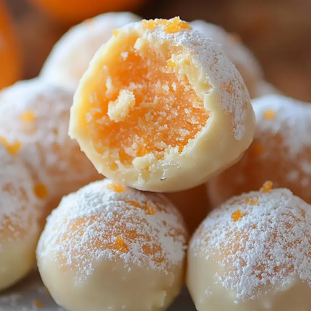 A close-up of white chocolate-coated dessert balls, with one ball bitten to reveal a vibrant orange center and dusted with powdered sugar.