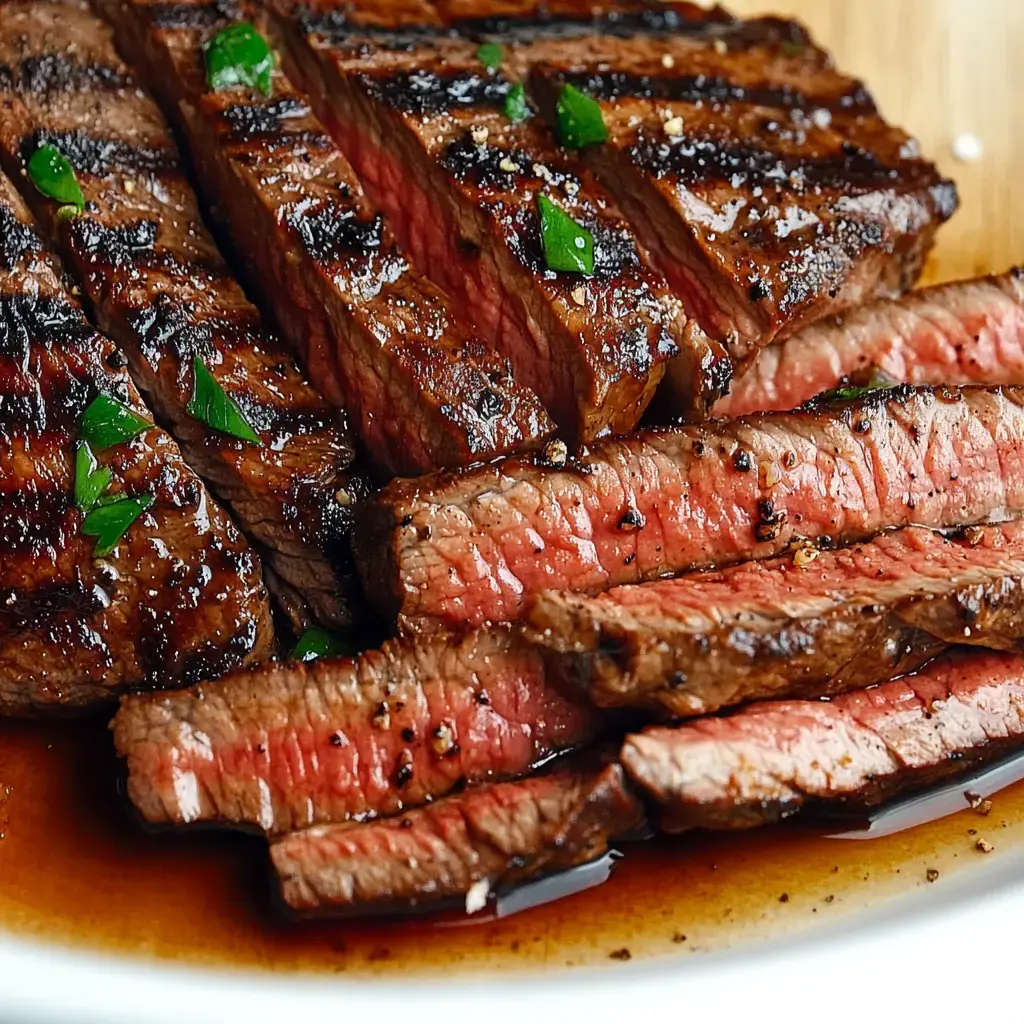 A plate of beautifully grilled steak, sliced and garnished with fresh parsley, showcases its juicy, pink interior.