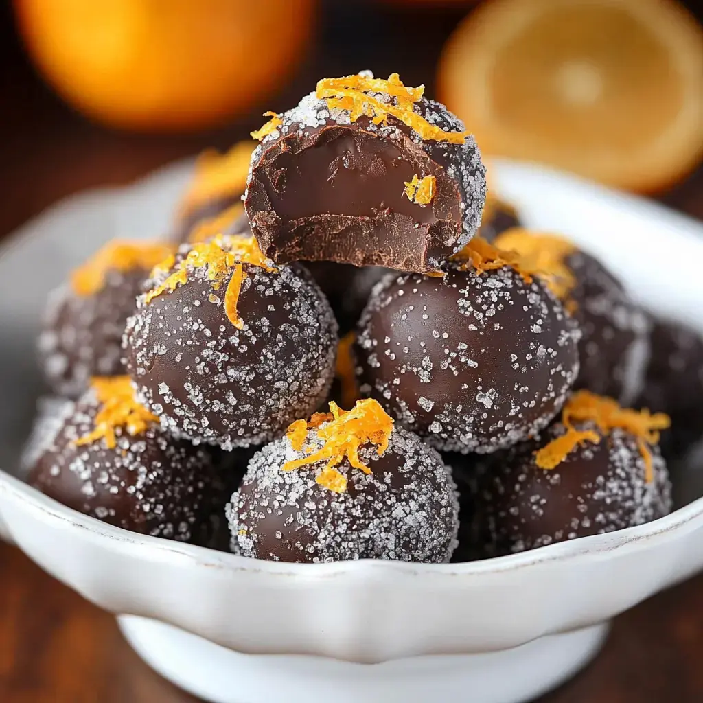 A close-up of a bowl filled with chocolate truffles, topped with orange zest and coarse sugar, with one truffle cut in half to reveal a creamy center.