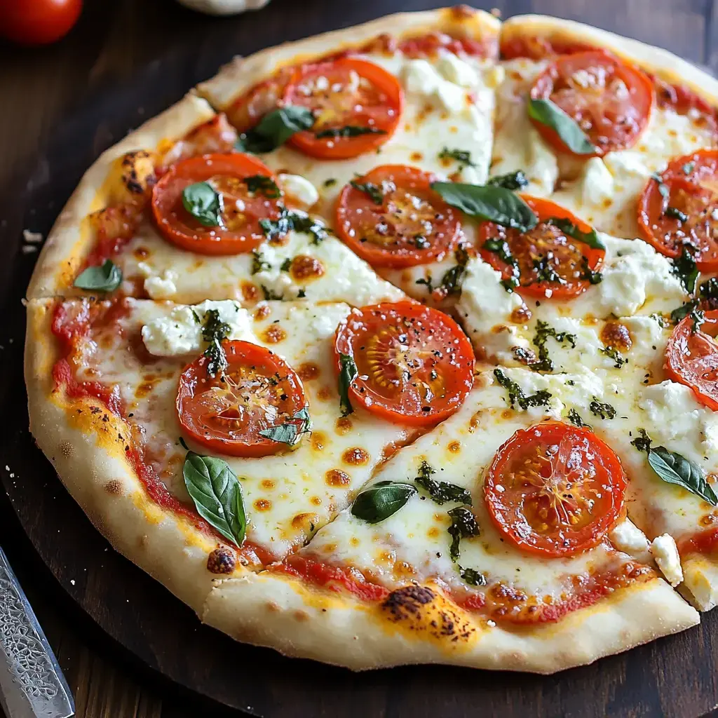 A freshly baked pizza topped with sliced tomatoes, mozzarella cheese, fresh basil, and a drizzle of olive oil on a wooden serving board.