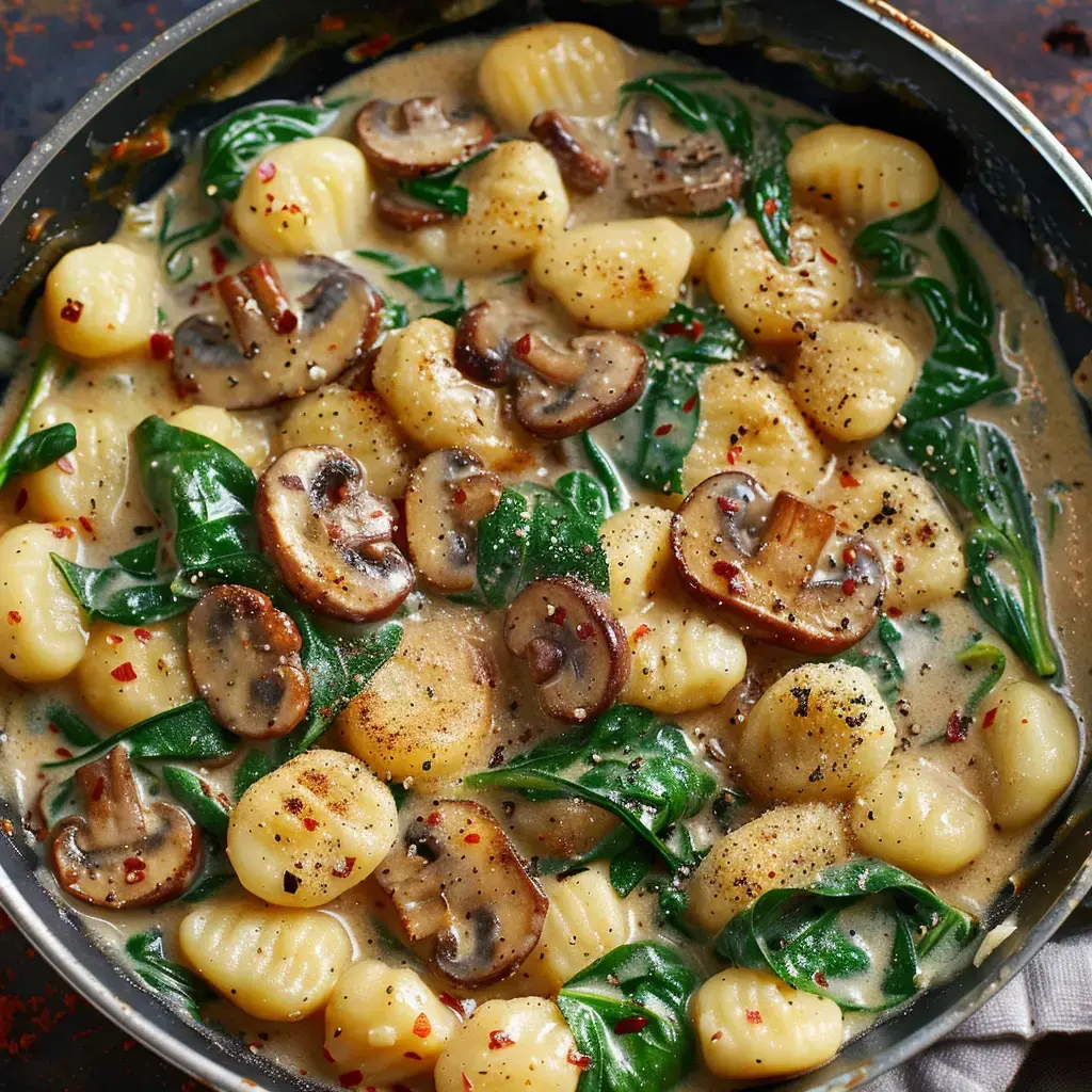 A creamy dish of gnocchi with sautéed mushrooms and spinach, garnished with black pepper and red pepper flakes, served in a skillet.