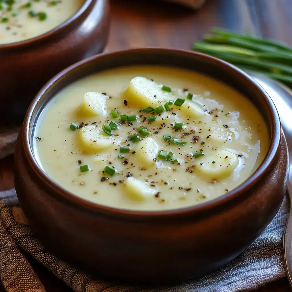 A close-up of a creamy potato soup in a brown bowl, garnished with chopped chives and black pepper.