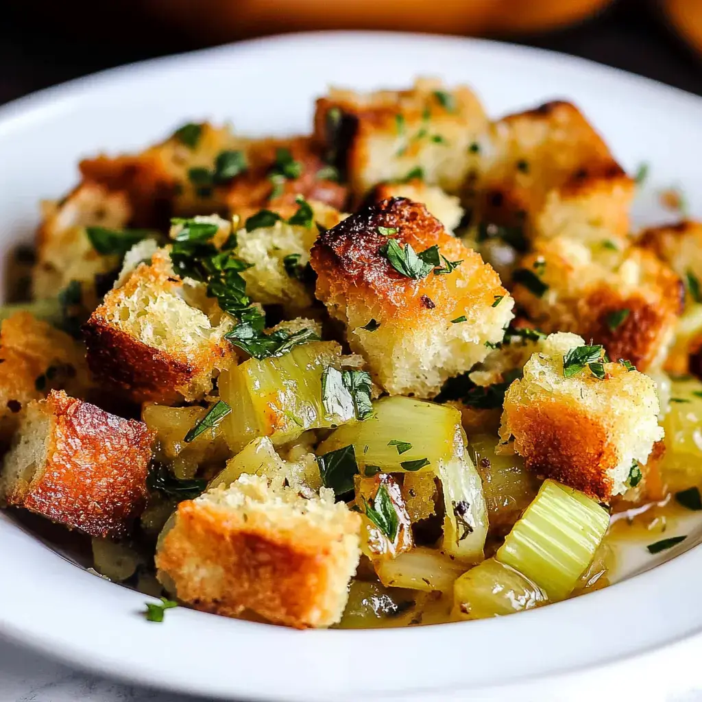 A bowl of savory stuffing featuring golden-brown bread cubes, diced celery, and fresh parsley.