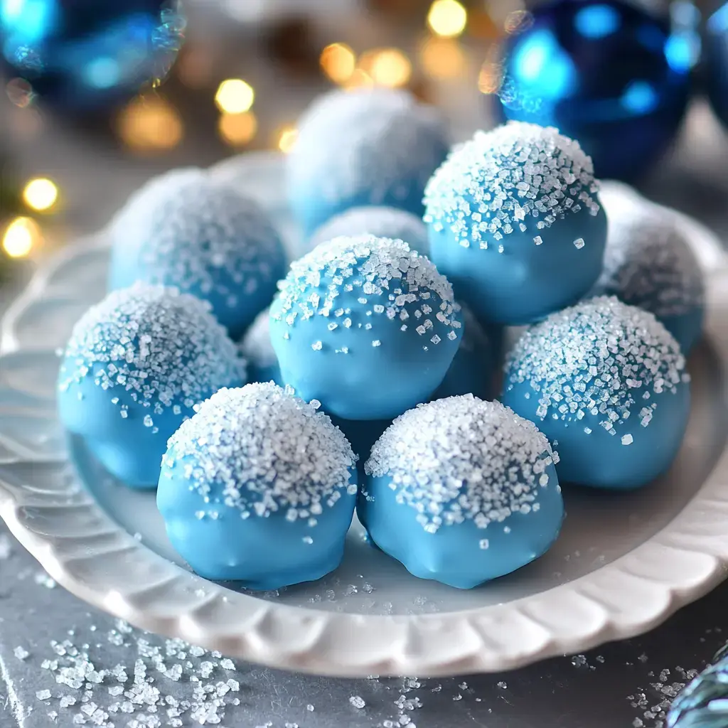 A plate of blue chocolate-covered treats decorated with white sugar crystals, set against a blurred background of festive ornaments.