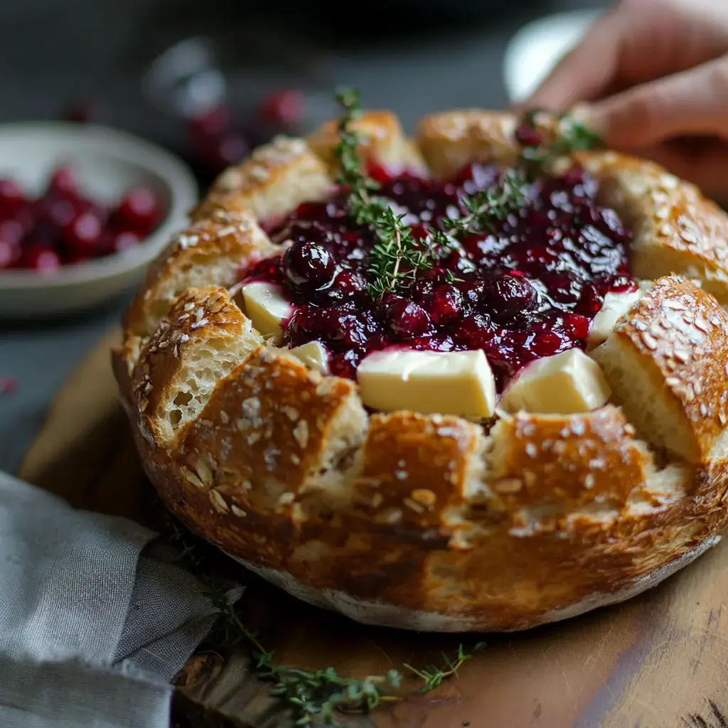 A round loaf of bread is filled with butter and topped with cranberry sauce and fresh thyme, accompanied by a bowl of cranberries.