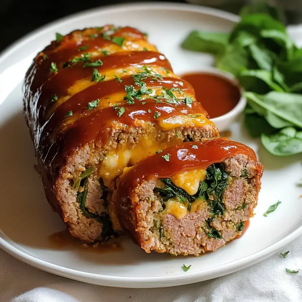 A sliced meatloaf filled with cheese and spinach, topped with a glossy glaze, is served on a round plate alongside a small bowl of sauce and fresh spinach leaves.