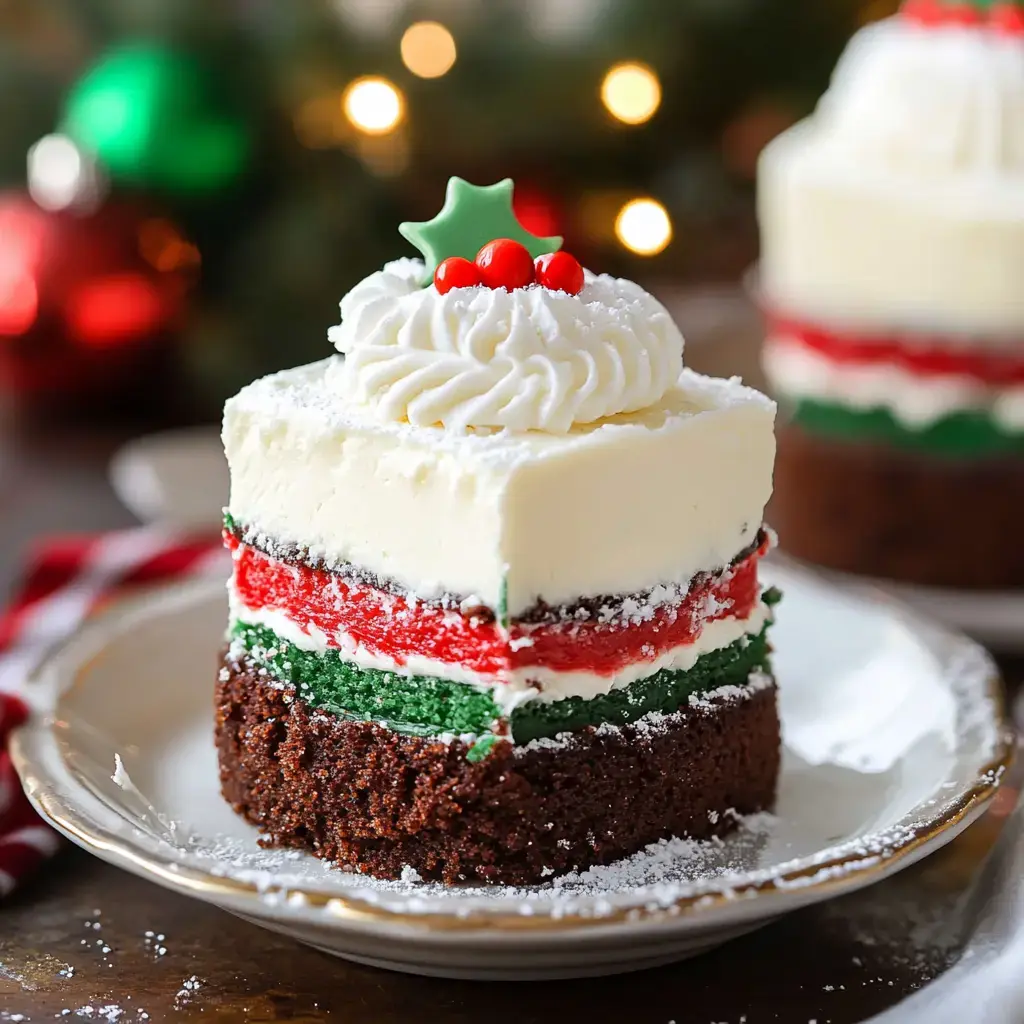 A festive multi-layered dessert with red and green layers, topped with whipped cream and holiday decorations, served on a plate.