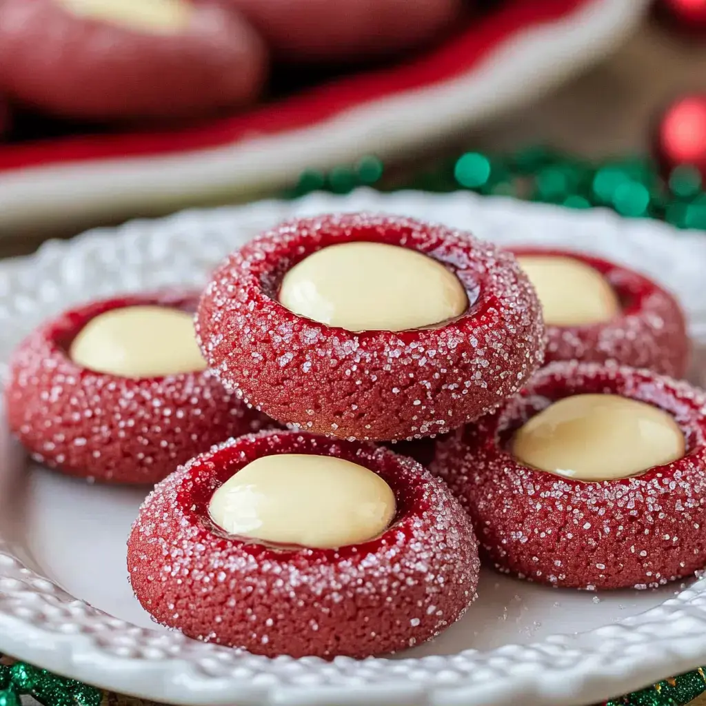 A plate of red velvet cookies topped with a round dollop of creamy frosting.