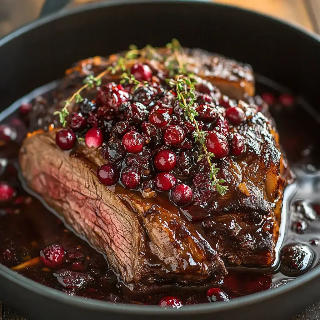 A perfectly cooked roast topped with glossy cranberries and thyme, resting in a rich sauce.