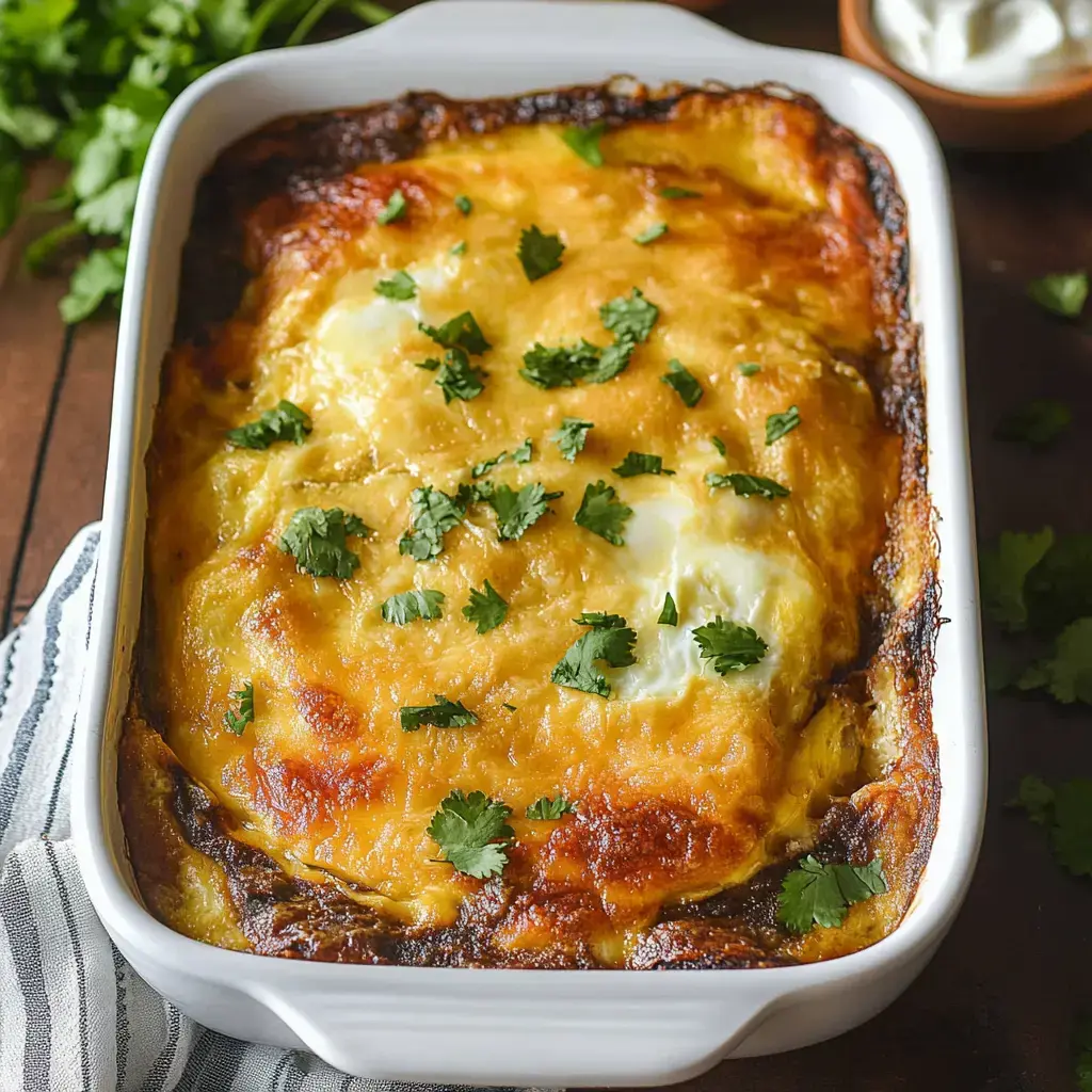 A baked dish topped with melted cheese and fresh cilantro in a white baking dish.