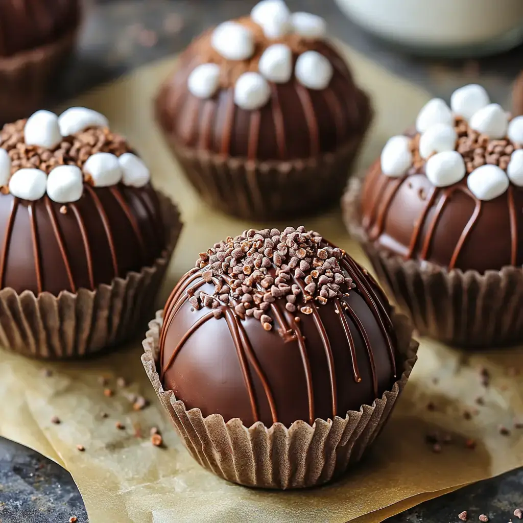 A close-up of chocolate-covered dessert balls decorated with chocolate drizzle, mini marshmallows, and chocolate sprinkles.