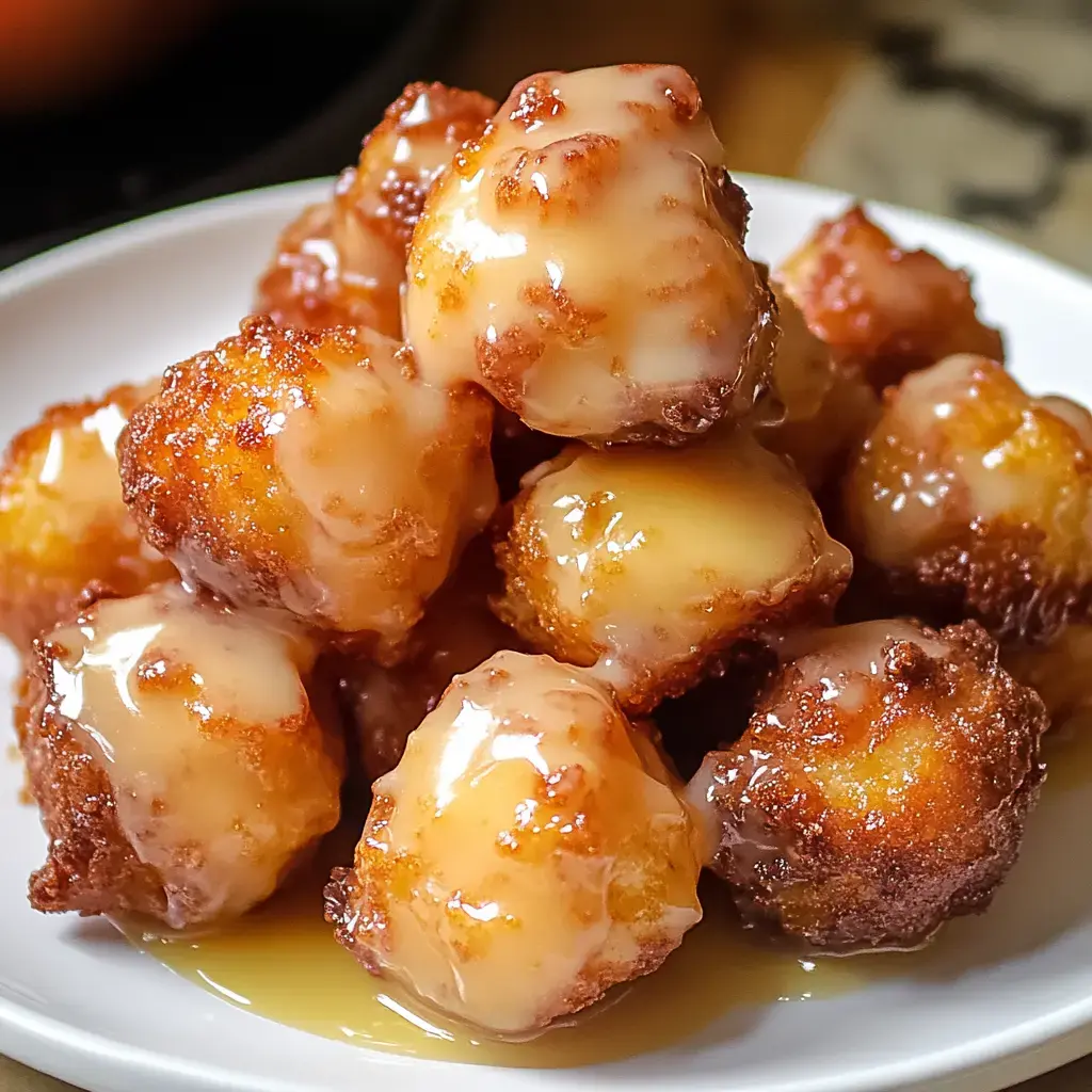 A plate of golden-brown donut holes is drizzled with a glossy glaze.