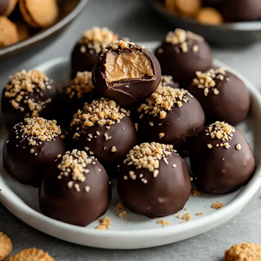 A plate of decadent chocolate-covered truffles topped with crushed nuts, with one truffle cut in half to reveal a creamy filling.