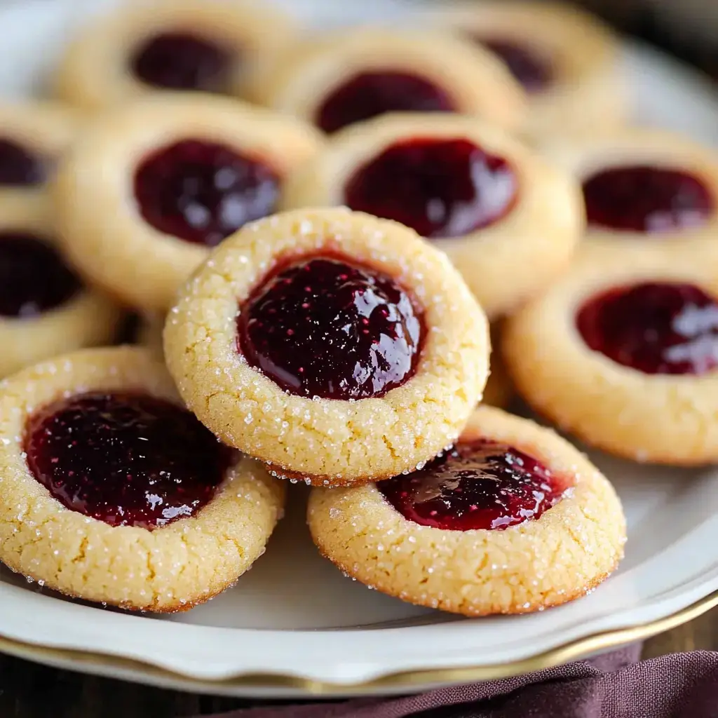 A plate of cookie thumbprints filled with red jam and dusted with sugar.