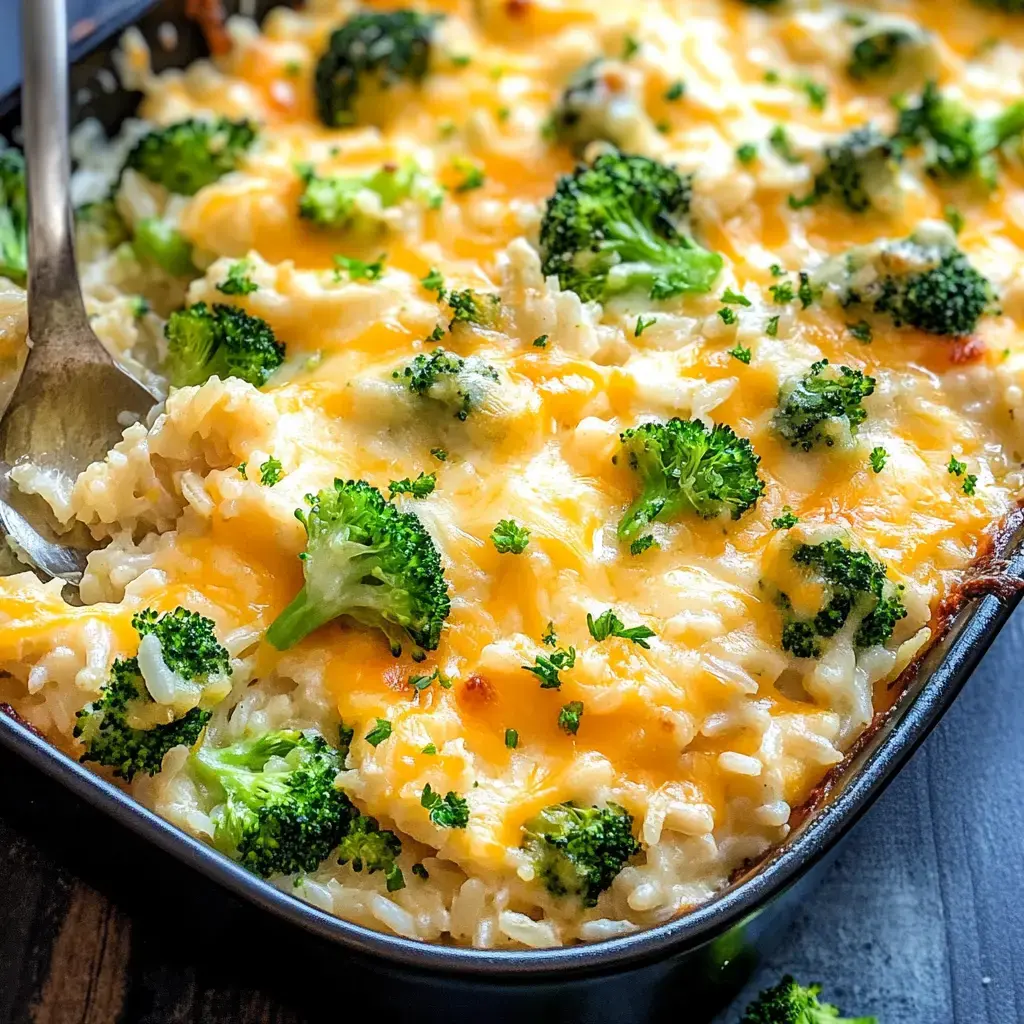 A close-up of a cheesy broccoli and rice casserole topped with fresh parsley.