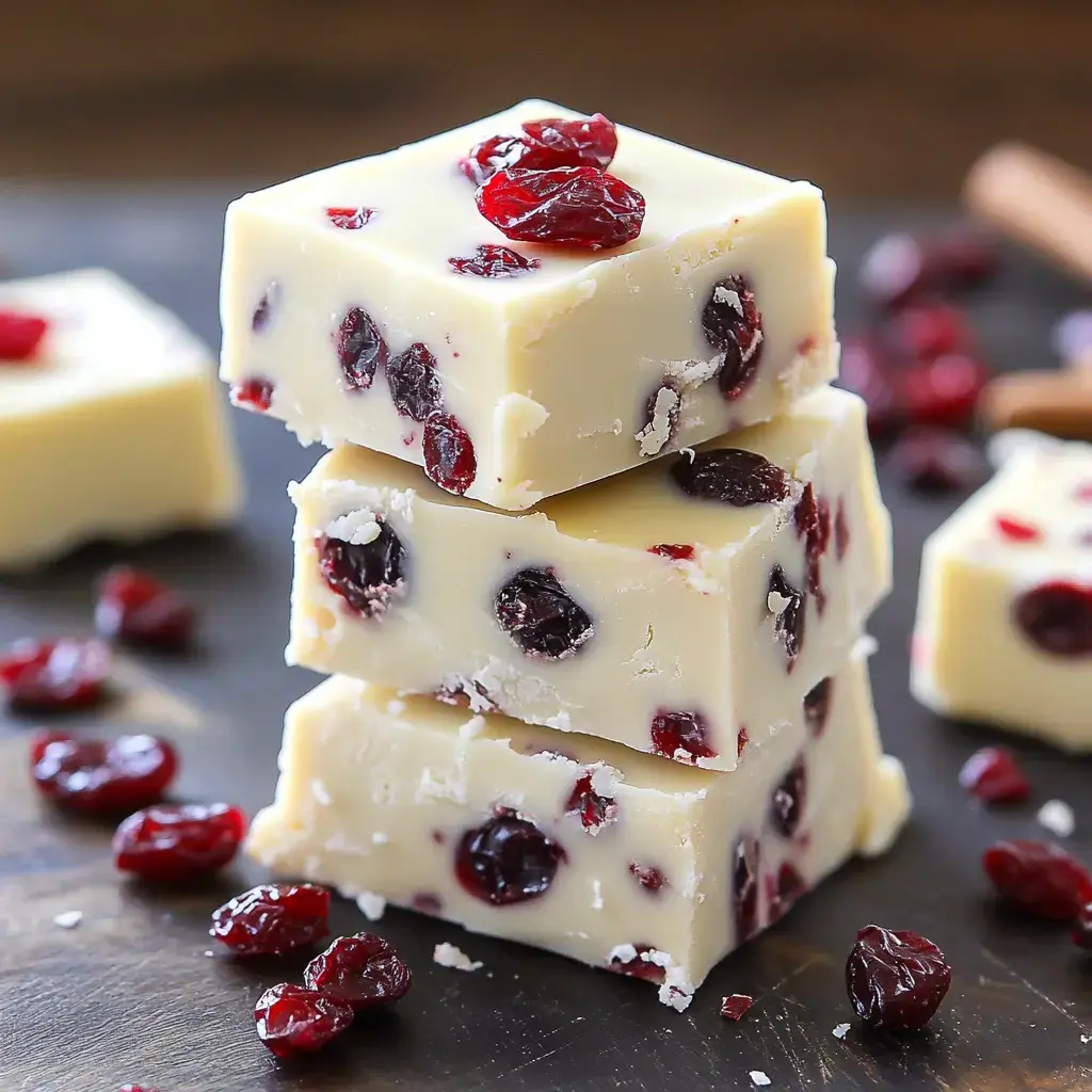 A stack of creamy white fudge squares, embedded with dried cranberries, is scattered with additional cranberries on a dark surface.