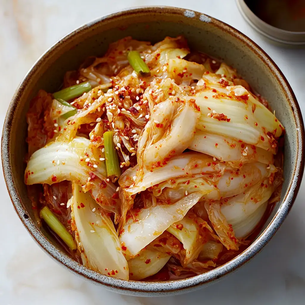 A bowl of spicy kimchi made with napa cabbage, garnished with sesame seeds and green onion.