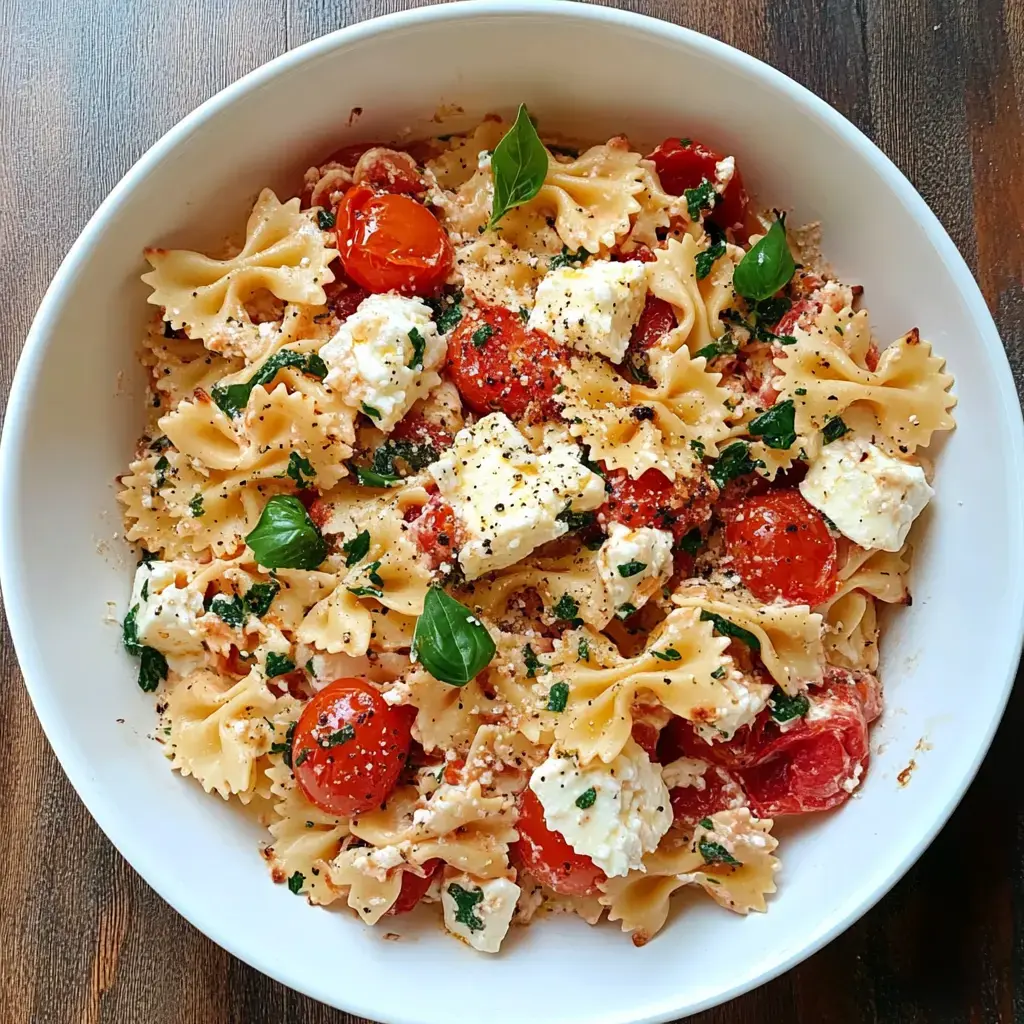 A bowl of farfalle pasta mixed with cherry tomatoes, crumbled feta cheese, fresh basil, and sprinkled with herbs and spices.