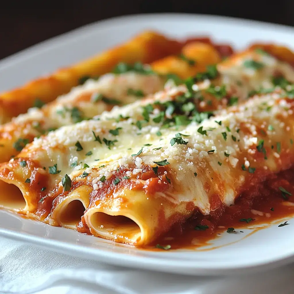 A plate of cheesy cannelloni topped with marinara sauce and garnished with parsley.