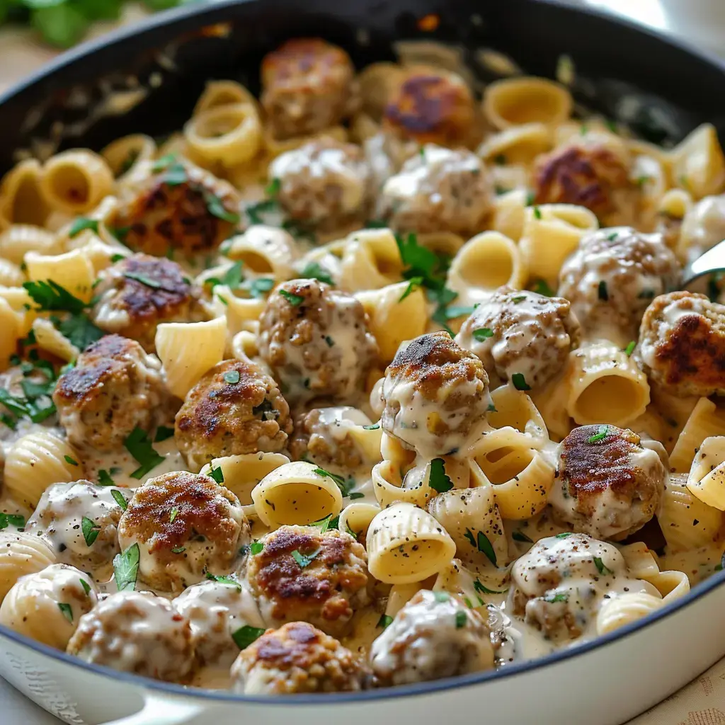 A skillet filled with pasta and meatballs in a creamy sauce, garnished with parsley.