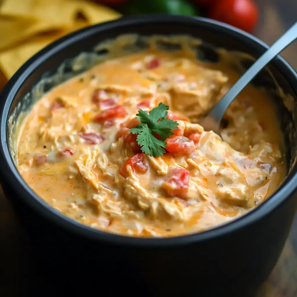 A black bowl filled with creamy chicken and tomato stew, garnished with cilantro.