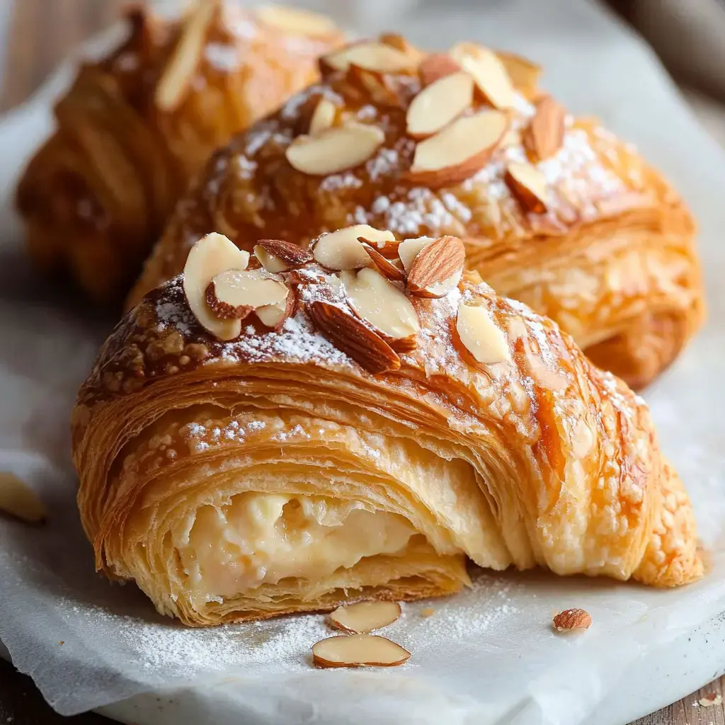 Three freshly baked almond croissants are dusted with powdered sugar and topped with slivered almonds, showcasing a delicate filling.