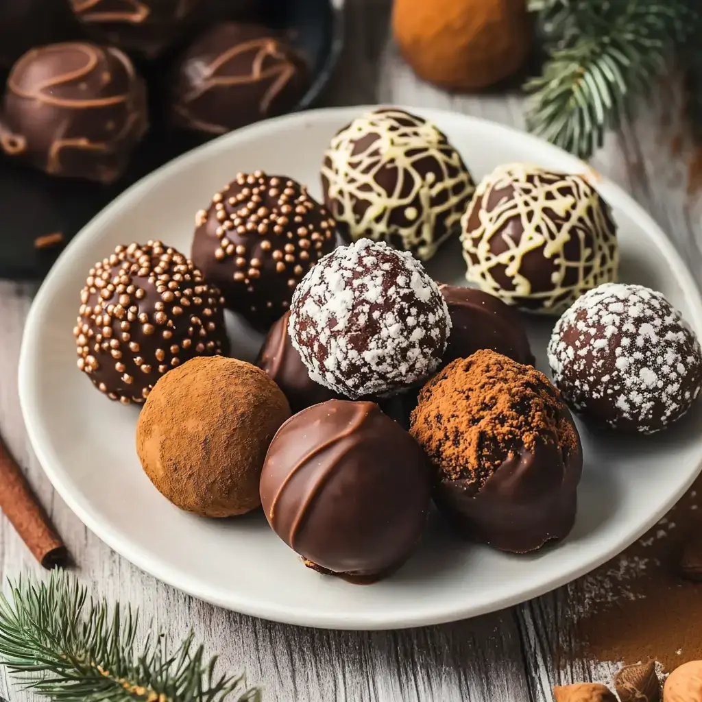 A plate of various chocolate truffles, decorated with sprinkles, coconut, and cocoa powder, is placed among cinnamon sticks and pine branches on a rustic wooden surface.