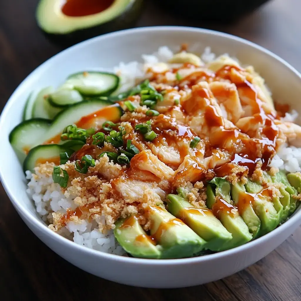 A bowl of rice topped with sliced avocado, cucumber, green onions, shredded chicken, and drizzled with sauce and breadcrumbs.