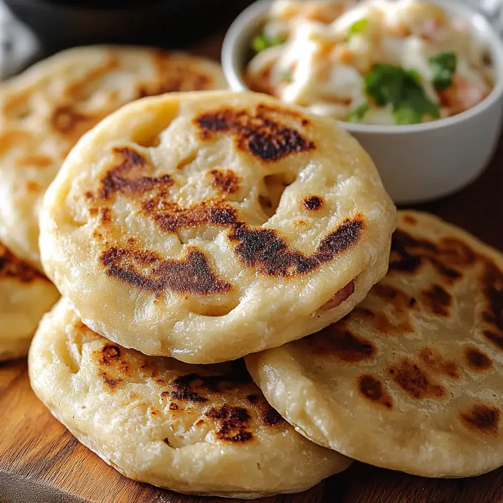 A close-up image of golden-brown flatbreads stacked on a wooden board, accompanied by a small bowl of creamy dip and garnished with herbs.