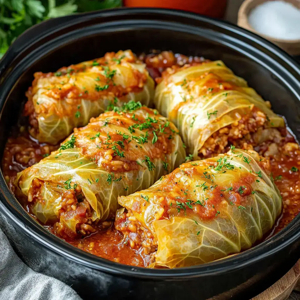 A close-up view of stuffed cabbage rolls topped with sauce and parsley, served in a black pot.