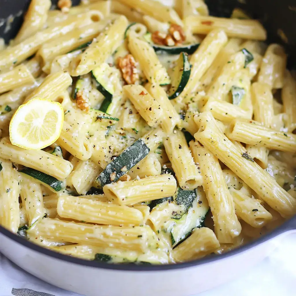 A close-up view of creamy pasta dish with rigatoni, zucchini, walnuts, and a slice of lemon garnishing.