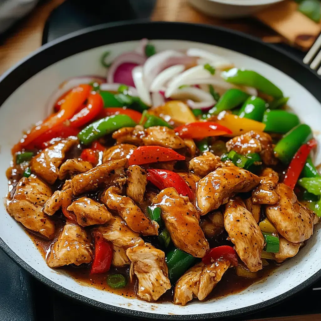 A colorful dish of stir-fried chicken pieces mixed with bell peppers in a savory sauce, garnished with sliced onions.