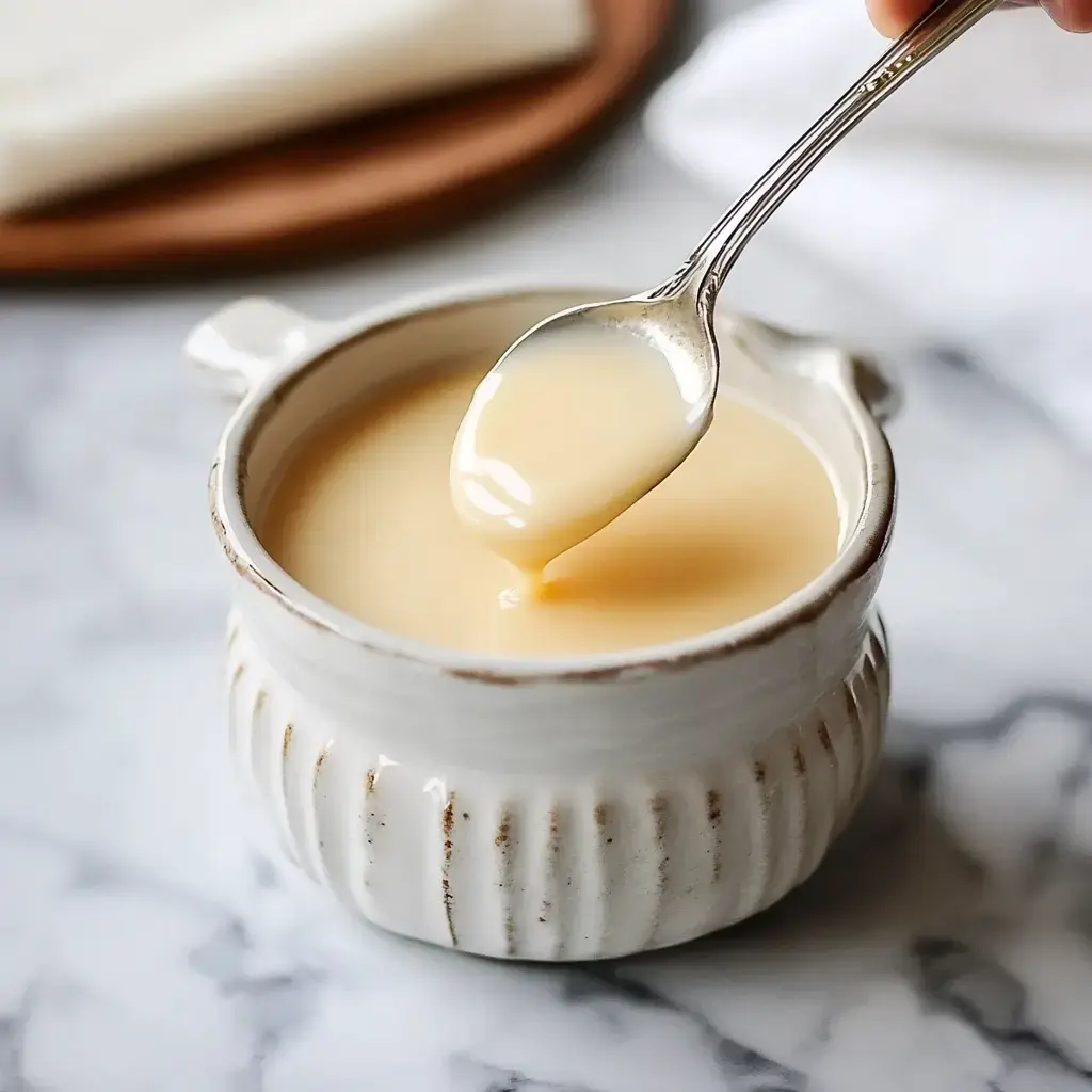 A spoon is lifting creamy, light-colored sauce from a small, textured ceramic dish against a marble surface.