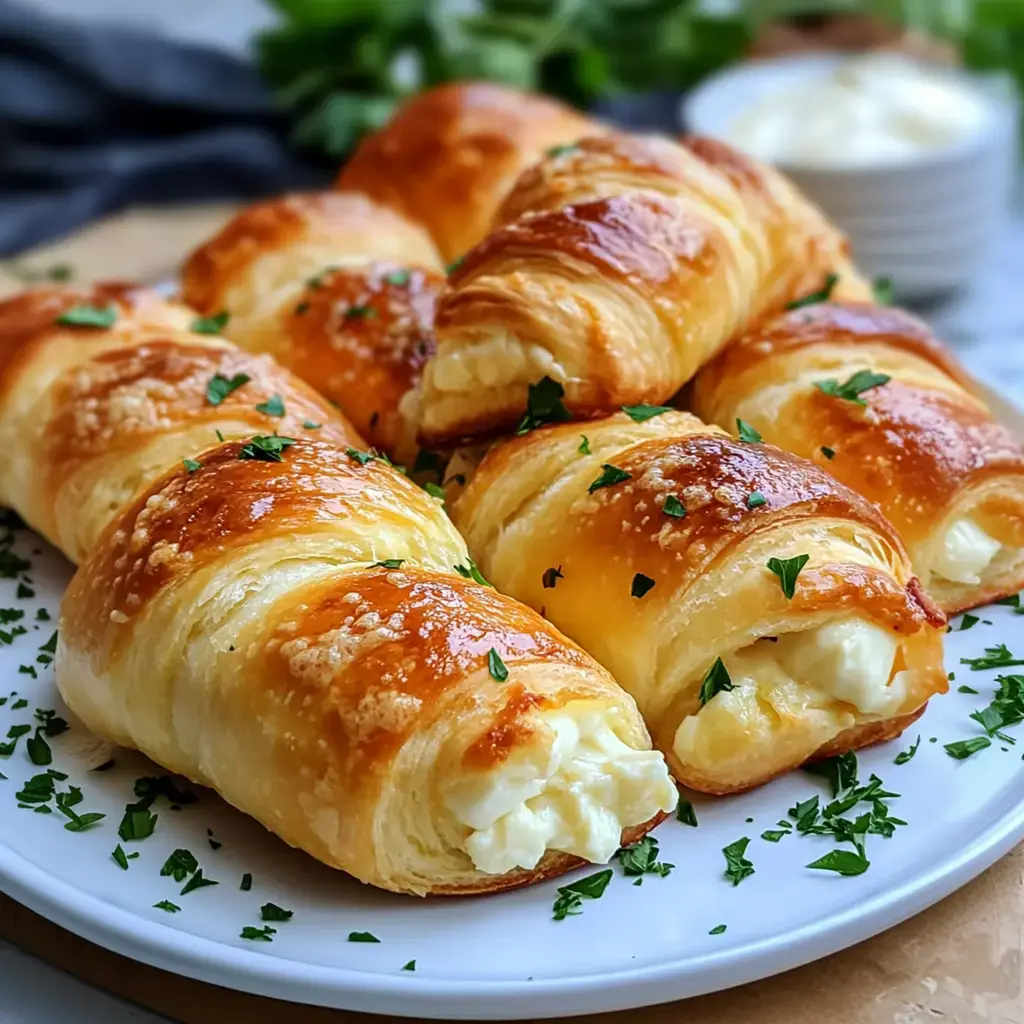 A plate of golden-brown cheese-filled croissants, garnished with fresh parsley.