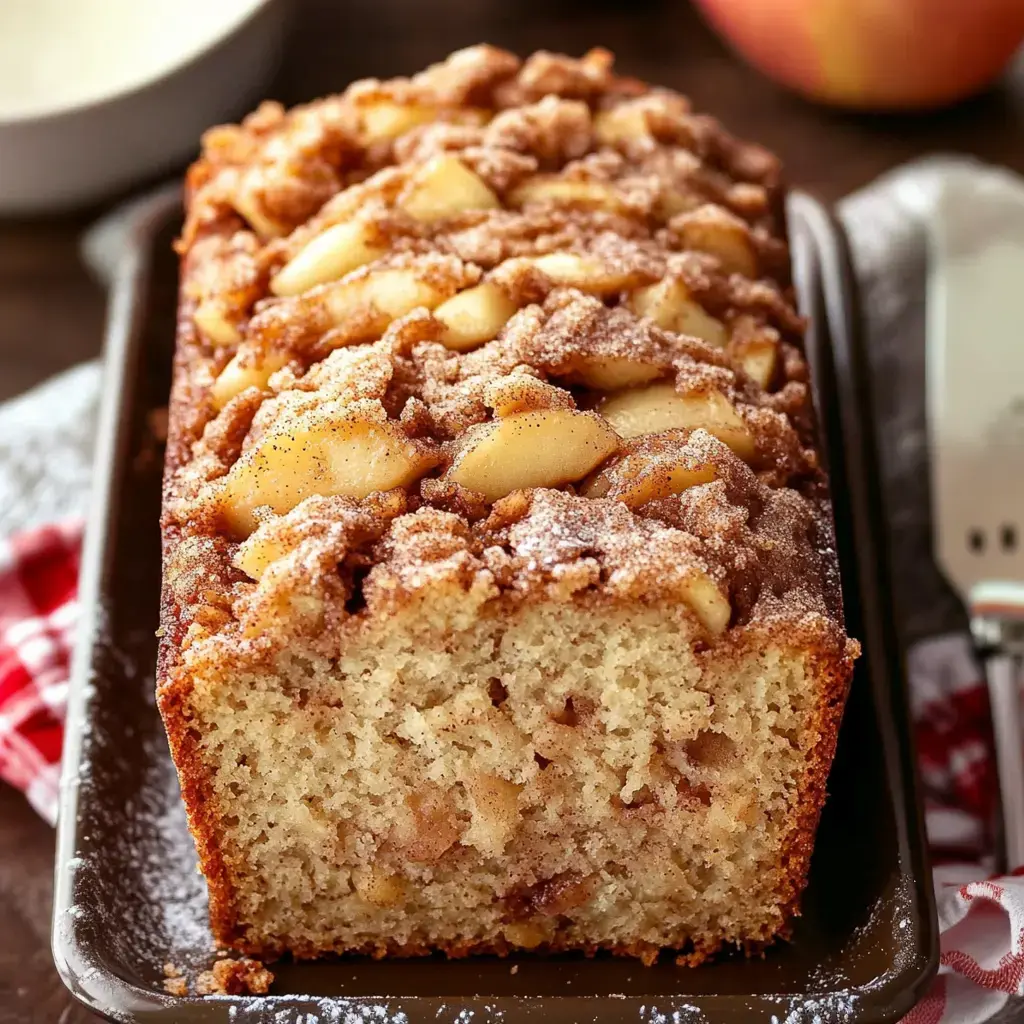 A freshly baked loaf of apple cinnamon cake, topped with cinnamon streusel and slices of baked apple, sits on a tray, partially sliced to reveal its moist, textured interior.