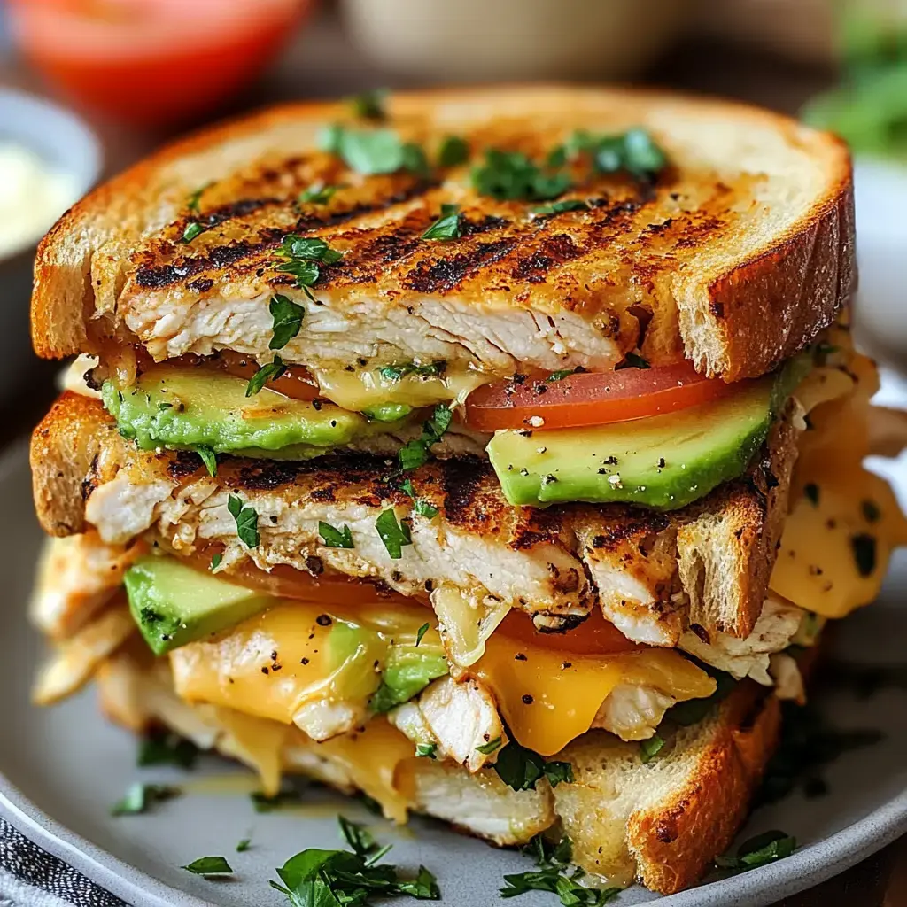 A close-up of a stacked sandwich featuring grilled chicken, avocado, tomato, and melted cheese, garnished with fresh herbs on toasted bread.