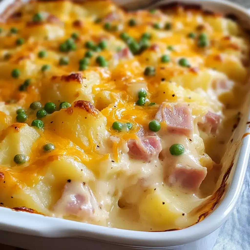 A close-up of a creamy potato casserole topped with melted cheese, ham, and green peas.