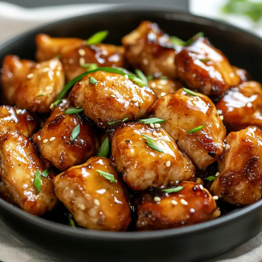 A close-up of glazed chicken pieces garnished with green onions and sesame seeds in a black bowl.