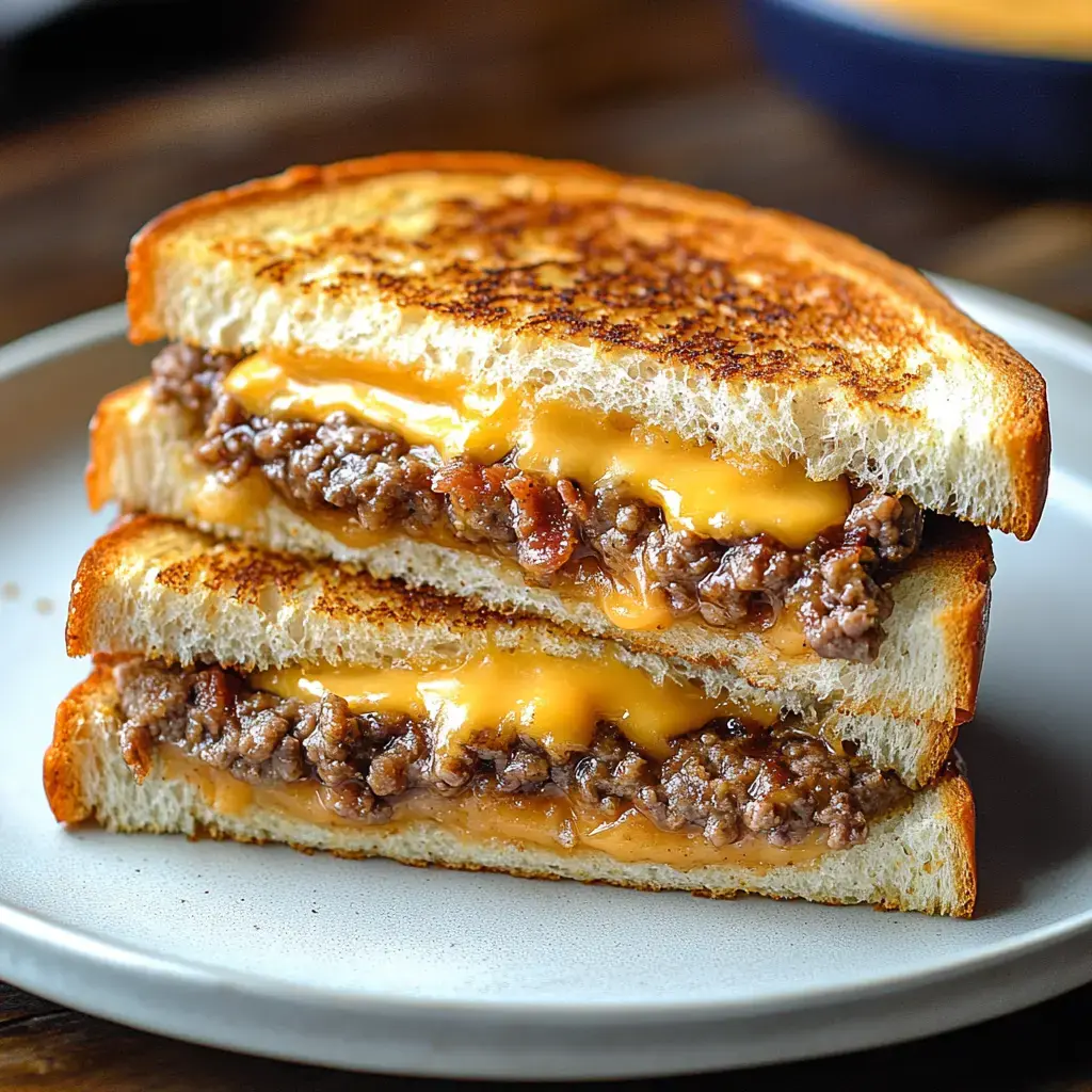 A close-up of a stacked grilled cheese sandwich filled with melted cheddar cheese and seasoned ground beef, served on a plate.