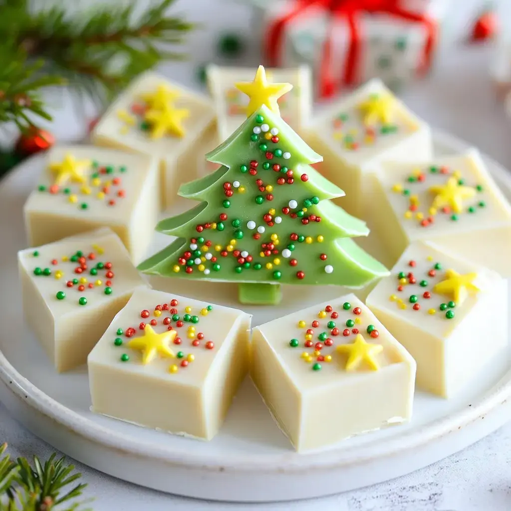 A festive dessert platter features a green tree-shaped treat topped with sprinkles, surrounded by square white candies decorated with star and dot decorations.