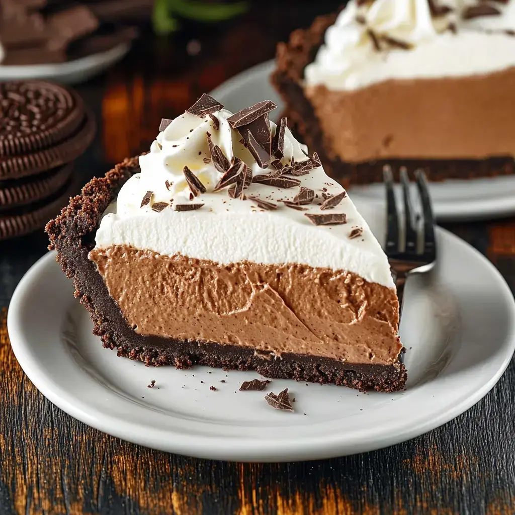 A slice of chocolate cream pie with layers of chocolate filling and whipped cream, topped with chocolate shavings, served on a plate.