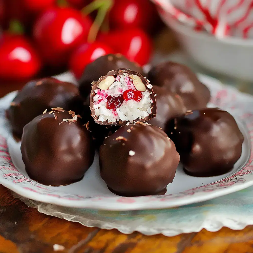 A plate of chocolate-covered treats is displayed, with one cut in half to reveal a filling of coconut, cherries, and nuts.