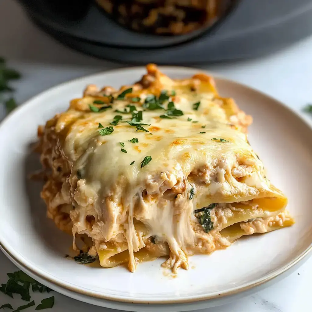 A creamy, cheesy lasagna slice garnished with parsley on a white plate.