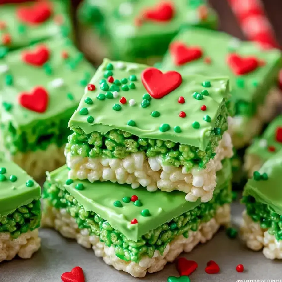 A close-up of colorful holiday-themed rice crispy treats, stacked and topped with green icing, festive sprinkles, and red heart decorations.